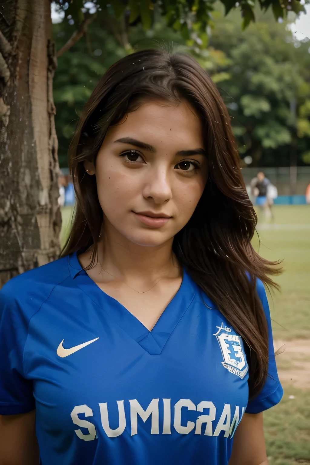 Foto super realista, 22 year old woman,.by the chestnut,  luciendo la camiseta de la selección de fútbol ⚽ Uruguaya 