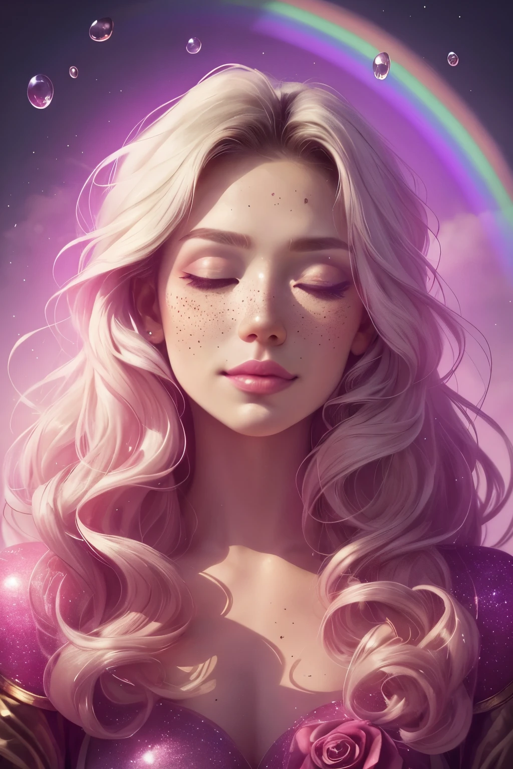 (This is a beautiful rainbow fantasy image that feels interesting and emphasizes glitter and iridescence.) Generate a ((blind)) curvy woman with colorful curly hair and milky white eyes. Her face is important and is perfectly formed with puffy lips and perfect features. (Her eyes are critically important and are (blank) and (solid white)). The image exudes ethereal beauty and soft fantasy. Include sweet and detailed birds and soft, luminous flowers in all the colors of the rainbow. The image's background is decorated in shades of pink, shimmer, glitter, and fantasy details like colored bubbles and cosmos. Utilize dynamic composition to create a compelling and action-packed image. Dramatic lighting and cinematic lighting enhance the woman's beauty and the soft colors in the artwork. (((((Perspective: head on.))))) Include fantasy, cute, colorful, colourful, interesting magic background, ((((blank eyes)))), ((((empty white eyes)))), (shirome eyes:1.3), (smirking), (perfectly rendered solid whiteeyes), ((birthmark on lip)), ((pretty lips)), beautiful background, complex background, sweet background, (((rainbow))), subtle freckles, natural freckles, Surround her with eternal roses in shimmering shades. Add whimsical details like stars, bubbles, and glitter for an enchanting touch. Ensure perfection in her face, hair, and eyes. Incorporate elements of high fantasy, whimsy, and detailed elegance. English rose, princess, courtesan, noblewoman, sweet, lovely, calm, lovely, shimmering, glimmering, glittering, astrological fantasy, (((masterpiece))), (highest quality), magic rose, fantasy garden, beautiful face, perfect face, puffy lips, interesting, shy smile, fantasy elements, magic rose, beautiful eyes, perfect puffy lips, jewel tones, luminosity