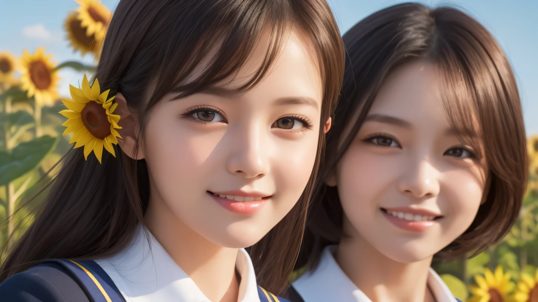 (2girl), bob hair, refreshing smiles, (high school uniform), (Best Quality:1.4), Realistic, extremely detailed CG unified 8k wallpaper, highly detailed, High-definition raw color photos, professional photography, Realistic portrait, Beautiful detailed, (Fine face:1.2), Close up portrait of girl, Outdoors, Beautiful scenery, clear skies, (sunflower:1.2)