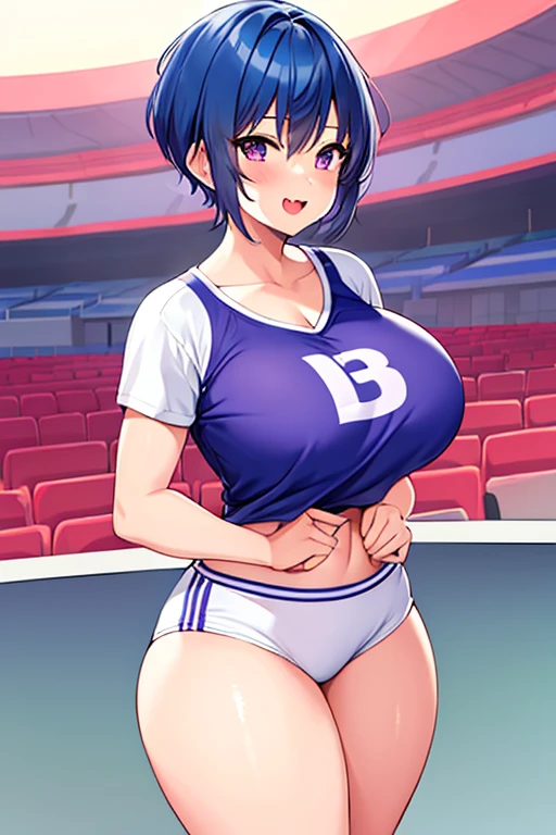 1girl, very short hair, pixie cut, blue hair, purple eyes, light smile, fang, ((fang)), large breasts, thick thighs, gym uniform, shirt, white shirt, short pants, blue shorts, standing, toned, arms down, hands down, stadium