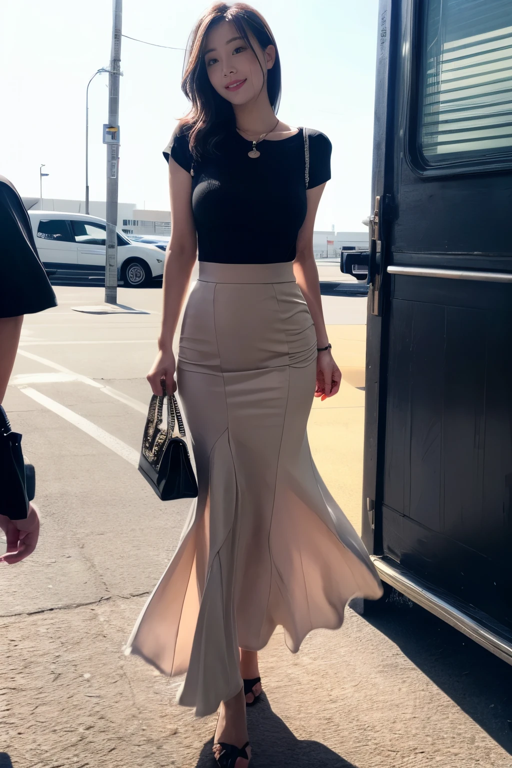 Woman standing in town:1.3、(Realistic、Like a photograph、Live Action、8k, Photorealistic, RAW Photos, Best image quality: 1.4), Single-lens reflex camera、RAW Photos, highest quality, Realistic, Highly detailed CG Unity 8k wallpaper, Written boundary depth, Cinematic Light, Lens flare, Ray Tracing, Realistic background、(Tight T-shirt:1.2、mermaidskirt:1.3、Long skirt:1.1、Mermaid Line Skirt、Big Breasts:1.3)、((Ultra-dense skin))、 1 female,Cute Japanese Woman、Japanese office lady on her commute、((whole body:1.5)、smile、Pink inner color hair、short hair:1.3、Tie your hair with a hair clip、I like that style、Stylish、Very detailed、Pay attention to the details、The perfect outfit、(White skin)、Beautiful legs:1.1，Anatomically correct body、Are standing、View from front