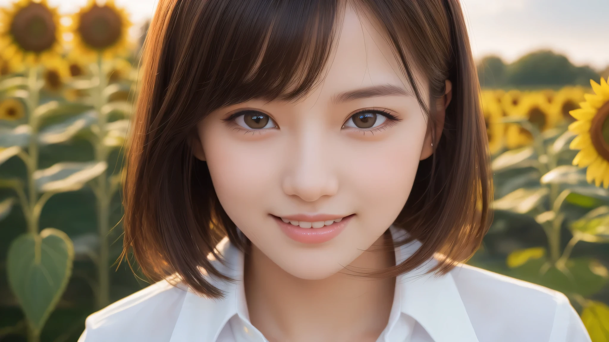 (2girl), bob hair, refreshing smiles, (high school uniform), (Best Quality:1.4), Realistic, extremely detailed CG unified 8k wallpaper, highly detailed, High-definition raw color photos, professional photography, Realistic portrait, Beautiful detailed, (Fine face:1.2), Close up portrait of girl, Outdoors, Beautiful scenery, clear skies, (sunflower:1.2)