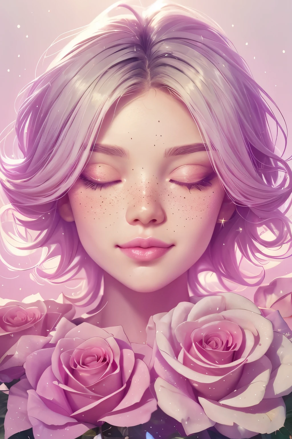 (This is a beautiful rainbow fantasy image that feels interesting and emphasizes glitter and iridescence.) Generate a ((blind)) curvy woman with colorful curly hair and milky white eyes. Her face is important and is perfectly formed with puffy lips and perfect features. (Her eyes are critically important and are (blank) and (solid white)). The image exudes ethereal beauty and soft fantasy. Include sweet and detailed birds and soft, luminous flowers in all the colors of the rainbow. The image's background is decorated in shades of pink, shimmer, glitter, and fantasy details like colored bubbles and cosmos. Utilize dynamic composition to create a compelling and action-packed image. Dramatic lighting and cinematic lighting enhance the woman's beauty and the soft colors in the artwork. (((((Perspective: head on.))))) Include fantasy, cute, colorful, colourful, interesting magic background, ((((blank eyes)))), ((((empty white eyes)))), (shirome eyes:1.3), (smirking), (perfectly rendered solid whiteeyes), ((birthmark on lip)), ((pretty lips)), beautiful background, complex background, sweet background, (((rainbow))), subtle freckles, natural freckles, Surround her with eternal roses in shimmering shades. Add whimsical details like stars, bubbles, and glitter for an enchanting touch. Ensure perfection in her face, hair, and eyes. Incorporate elements of high fantasy, whimsy, and detailed elegance. English rose, princess, courtesan, noblewoman, sweet, lovely, calm, lovely, shimmering, glimmering, glittering, astrological fantasy, (((masterpiece))), (highest quality), magic rose, fantasy garden, beautiful face, perfect face, puffy lips, interesting, shy smile, fantasy elements, magic rose, beautiful eyes, perfect puffy lips, jewel tones, luminosity