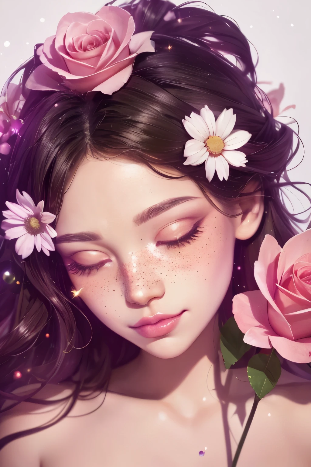 (This is a beautiful rainbow fantasy image that feels interesting and emphasizes glitter and iridescence.) Generate a ((blind)) curvy woman with colorful curly hair and milky white eyes. Her face is important and is perfectly formed with puffy lips and perfect features. (Her eyes are critically important and are (blank) and (solid white)). The image exudes ethereal beauty and soft fantasy. Include sweet and detailed birds and soft, luminous flowers in all the colors of the rainbow. The image's background is decorated in shades of pink, shimmer, glitter, and fantasy details like colored bubbles and cosmos. Utilize dynamic composition to create a compelling and action-packed image. Dramatic lighting and cinematic lighting enhance the woman's beauty and the soft colors in the artwork. (((((Perspective: head on.))))) Include fantasy, cute, colorful, colourful, interesting magic background, ((((blank eyes)))), ((((empty white eyes)))), (shirome eyes:1.3), (smirking), (perfectly rendered solid whiteeyes), ((birthmark on lip)), ((pretty lips)), beautiful background, complex background, sweet background, (((rainbow))), subtle freckles, natural freckles, Surround her with eternal roses in shimmering shades. Add whimsical details like stars, bubbles, and glitter for an enchanting touch. Ensure perfection in her face, hair, and eyes. Incorporate elements of high fantasy, whimsy, and detailed elegance. English rose, princess, courtesan, noblewoman, sweet, lovely, calm, lovely, shimmering, glimmering, glittering, astrological fantasy, (((masterpiece))), (highest quality), magic rose, fantasy garden, beautiful face, perfect face, puffy lips, interesting, shy smile, fantasy elements, magic rose, beautiful eyes, perfect puffy lips, jewel tones, luminosity