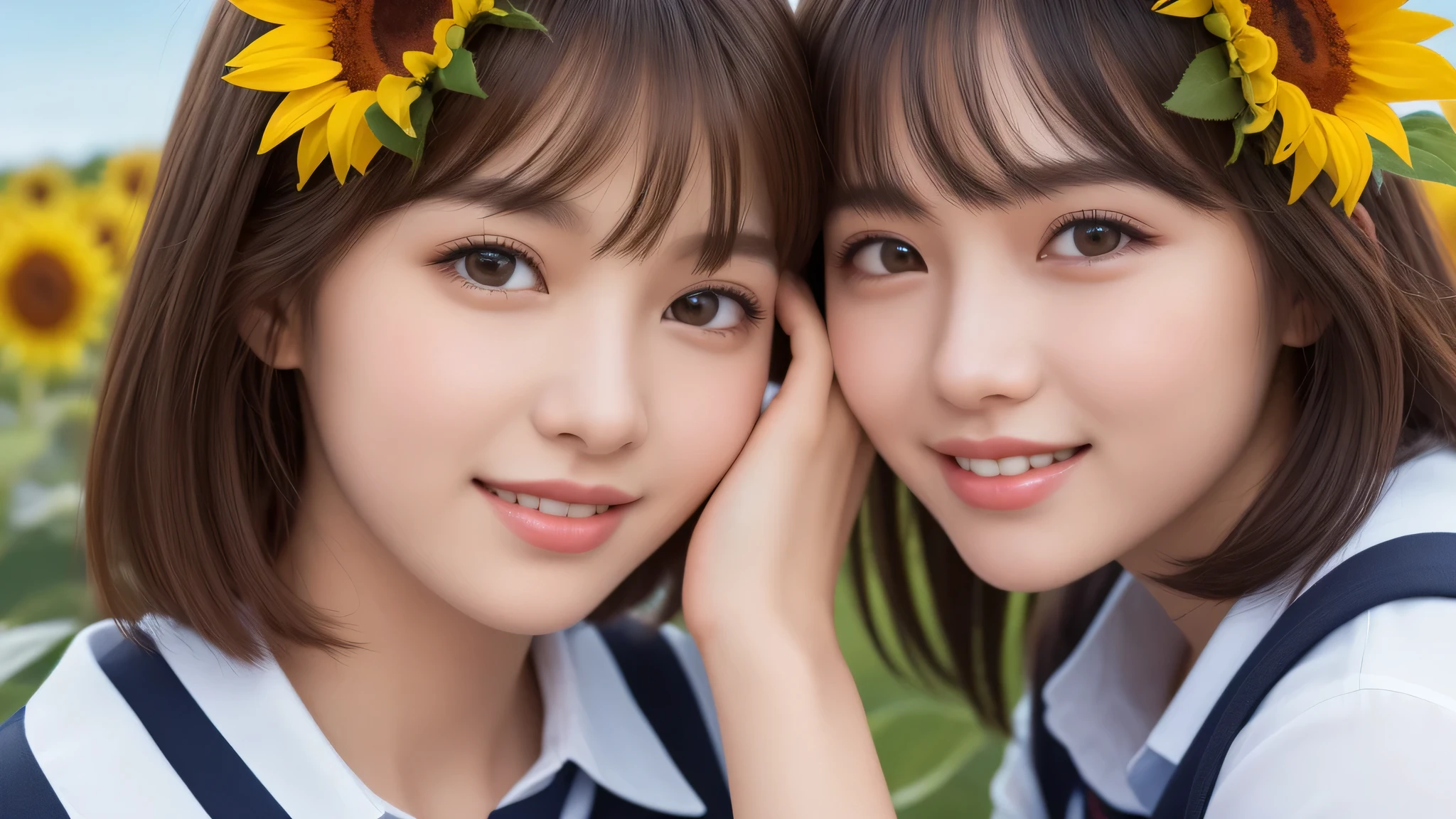 (2girl), bob hair, refreshing smiles, (high school uniform), (Best Quality:1.4), Realistic, extremely detailed CG unified 8k wallpaper, highly detailed, High-definition raw color photos, professional photography, Realistic portrait, Beautiful detailed, (Fine face:1.2), Close up portrait of girl, Outdoors, Beautiful scenery, clear skies, (sunflower:1.2)