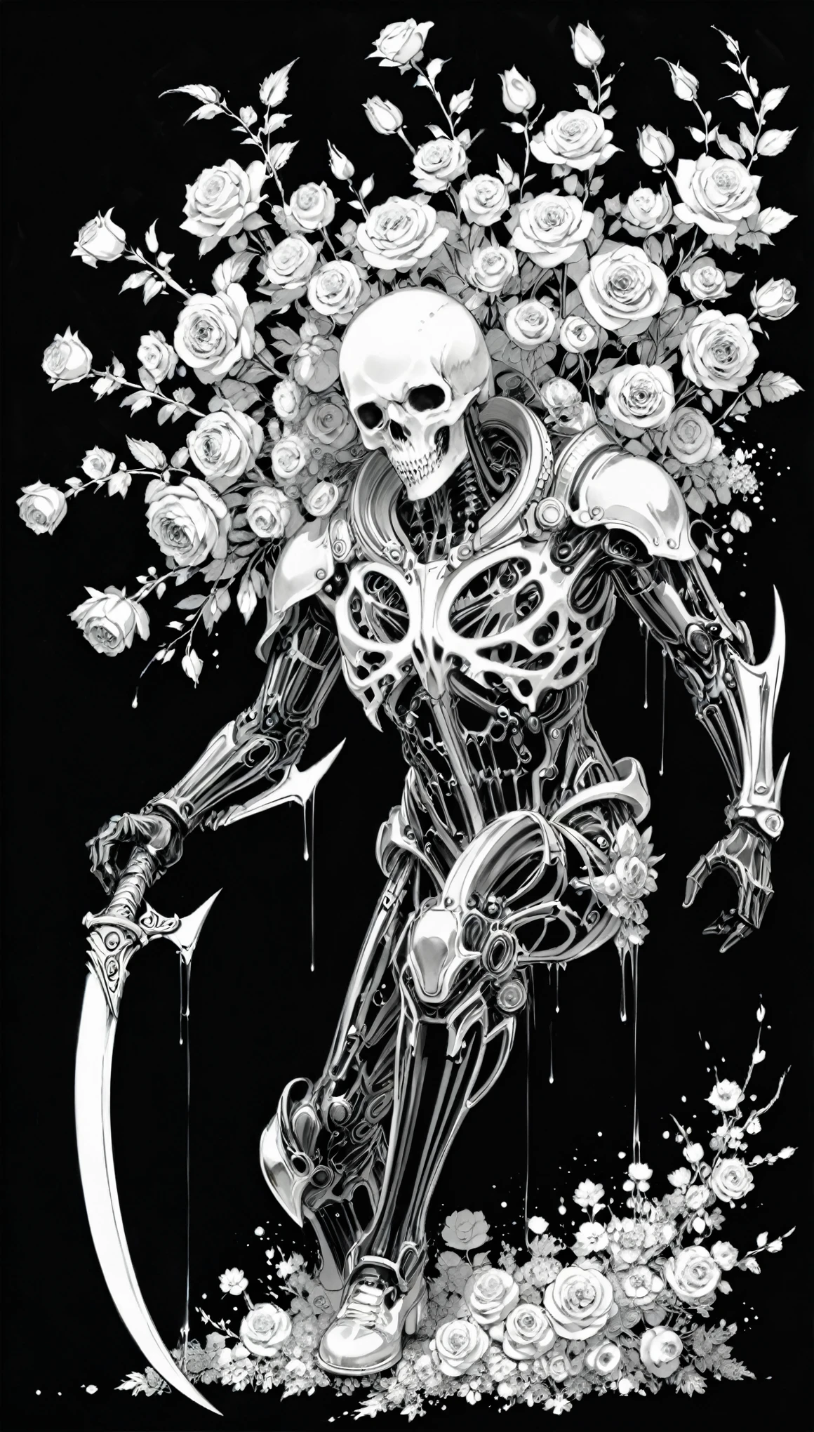 (Anime line drawing:1.5),(Black and White:1.45),Minimalism,(Line Art:1.6),sketch,charcoal drawing,in style of Nick Veasey,by Hirohiko Araki,
BREAK
Black Reaper,holding Scythe of Death,(intricate details:1.7),the fine texture of the sickle,(gorgeous and heavy scythe:1.2),epitaxial alienation of the sickle,
BREAK
(bloom:1.3),(full bloom:1.3),Rose,Ominous Red,the energy atmosphere of the grim reaper,
BREAK
(Blood splatter:1.3),(paint splatter:1.2),(dripping paint:1.2),