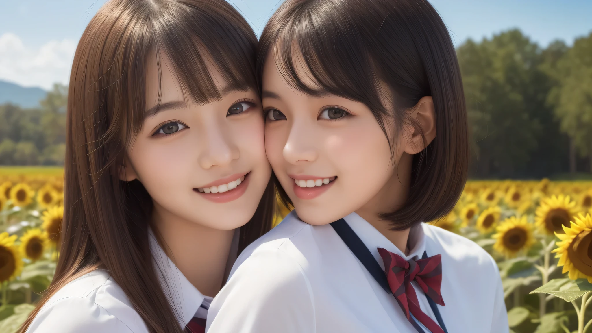 (2girl), bob hair, refreshing smiles, (high school uniform), (Best Quality:1.4), Realistic, extremely detailed CG unified 8k wallpaper, highly detailed, High-definition raw color photos, professional photography, Realistic portrait, Beautiful detailed, (Fine face:1.2), Close up portrait of girl, Outdoors, Beautiful scenery, clear skies, (sunflower:1.2)