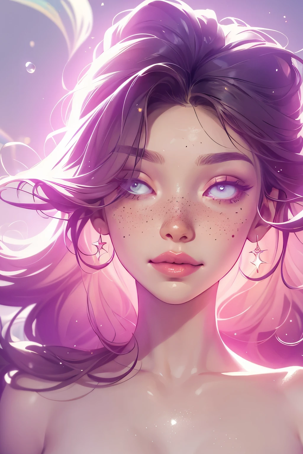 (This is a beautiful rainbow fantasy image that feels interesting and emphasizes glitter and iridescence.) Generate a ((blind)) curvy woman with colorful curly hair and milky white eyes. Her face is important and is perfectly formed with puffy lips and perfect features. (Her eyes are critically important and are (blank) and (solid white)). The image exudes ethereal beauty and soft fantasy. Include sweet and detailed birds and soft, luminous flowers in all the colors of the rainbow. The image's background is decorated in shades of pink, shimmer, glitter, and fantasy details like colored bubbles and cosmos. Utilize dynamic composition to create a compelling and action-packed image. Dramatic lighting and cinematic lighting enhance the woman's beauty and the soft colors in the artwork. (((((Perspective: head on.))))) Include fantasy, cute, colorful, colourful, interesting magic background, ((((blank eyes)))), ((((empty white eyes)))), (shirome eyes:1.3), (smirking), (perfectly rendered solid whiteeyes), ((birthmark on lip)), ((pretty lips)), beautiful background, complex background, sweet background, (((rainbow))), subtle freckles, natural freckles, Surround her with eternal roses in shimmering shades. Add whimsical details like stars, bubbles, and glitter for an enchanting touch. Ensure perfection in her face, hair, and eyes. Incorporate elements of high fantasy, whimsy, and detailed elegance. English rose, princess, courtesan, noblewoman, sweet, lovely, calm, lovely, shimmering, glimmering, glittering, astrological fantasy, (((masterpiece))), (highest quality), magic rose, fantasy garden, beautiful face, perfect face, puffy lips, interesting, shy smile, fantasy elements, magic rose, beautiful eyes, perfect puffy lips, jewel tones, luminosity