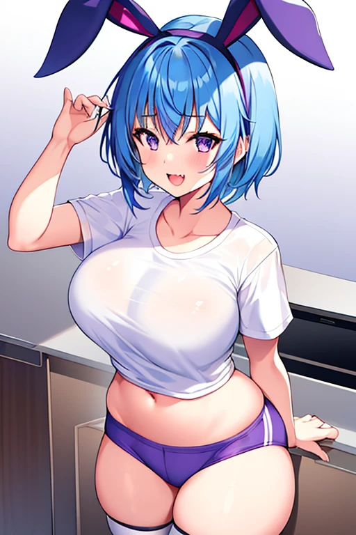 1girl, bunny ears, rabbit ears, very short hair, pixie cut, blue hair, purple eyes, light smile, fang, ((fang)), large breasts, thick thighs, gym uniform, shirt, white shirt, short pants, blue shorts, standing, thighhighs