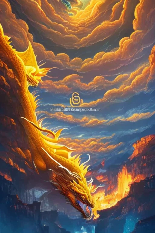 So sublime and divine々A beautiful golden dragon coiled up in the center of the screen, glaring at the camera.。金色のThe dragon is幸せをもたらす神なのでとても有難い存在である。The surrounding area is a canyon where no one can get close, and lightning is flashing in the background.、The sun is shining brightly。A man standing at the bottom of the canyon is worshipping the dragon with gratitude.。The dragon is、I want a realistic image。