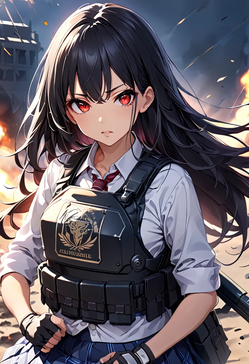 masterpiece、highest quality、Ultra-high resolution、Maximum resolution、Very detailed、Professional Lighting、anime、woman、thin、so beautiful、high school girl、blazer、Has an assault rifle、Red Eye、Black Hair、long hair、Fingerless gloves、Equipped with a plate carrier、Standing alone on the battlefield
