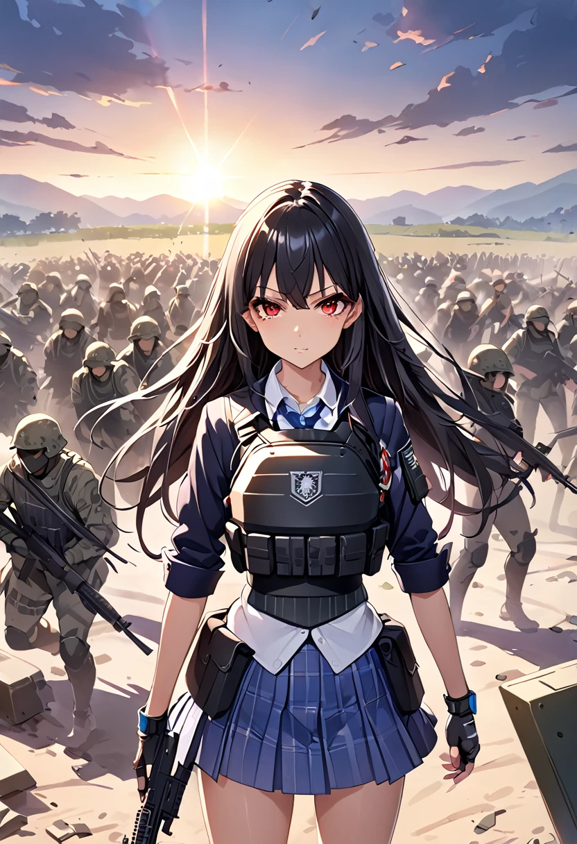 masterpiece、highest quality、Ultra-high resolution、Maximum resolution、Very detailed、Professional Lighting、anime、woman、thin、so beautiful、high school girl、blazer、Has an assault rifle、Red Eye、Black Hair、long hair、Fingerless gloves、Equipped with a plate carrier、Standing alone on the battlefield
