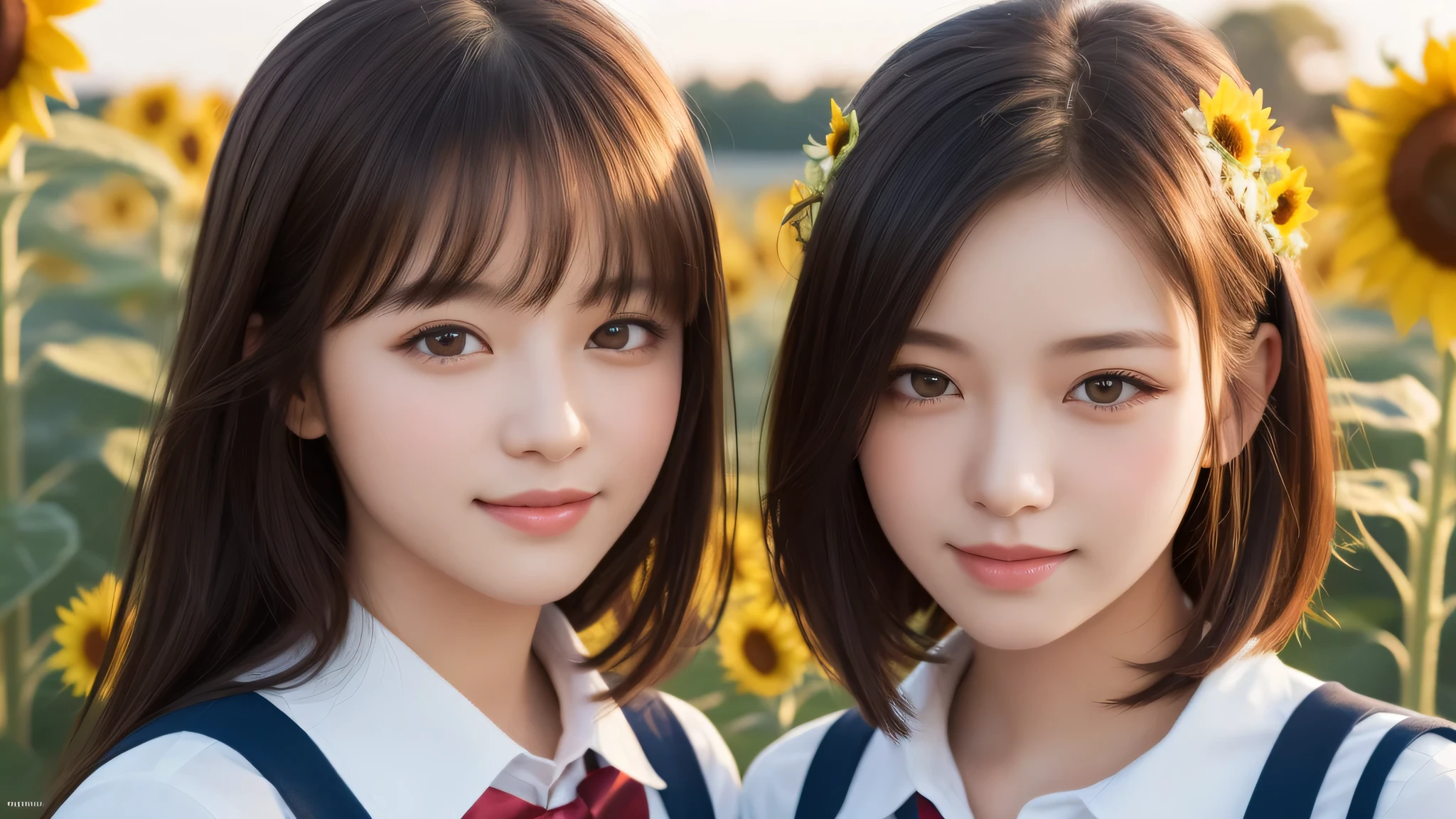 (2girl), bob hair, refreshing smiles, (high school uniform), (Best Quality:1.4), Realistic, extremely detailed CG unified 8k wallpaper, highly detailed, High-definition raw color photos, professional photography, Realistic portrait, Beautiful detailed, (Fine face:1.2), Close up portrait of girl, Outdoors, Beautiful scenery, clear skies, (sunflower:1.2)