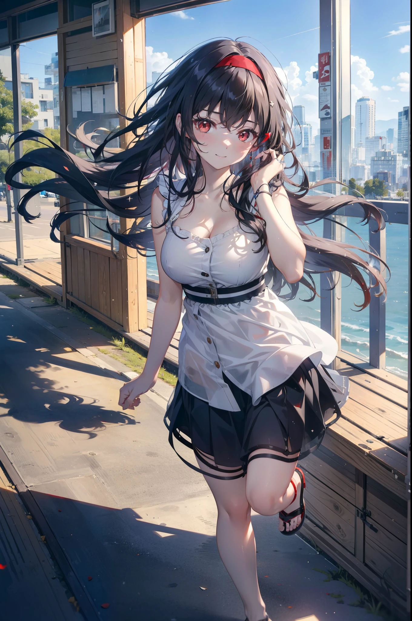 For profit, utaha kasumigaoka, Black Hair, hair band, Long Hair, (Red eyes:1.5),happy smile, smile, Open your mouth, Black sleeveless dress,Bare arms,Long skirt,Cute Sandals,whole bodyがイラストに入るように,Daytime,Clear skies,
break looking at viewer,whole body,
break indoors, In town,Building district,Coastal Road,
break (masterpiece:1.2), highest quality, High resolution, unity 8k wallpaper, (figure:0.8), (Beautiful fine details:1.6), Highly detailed face, Perfect lighting, Highly detailed CG, (Perfect hands, Perfect Anatomy),
