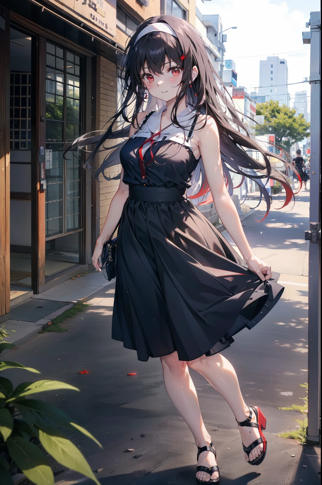 For profit, utaha kasumigaoka, Black Hair, hair band, Long Hair, (Red eyes:1.5),happy smile, smile, Open your mouth, Black sleeveless dress,Bare arms,Long skirt,Cute Sandals,whole bodyがイラストに入るように,Daytime,Clear skies,
break looking at viewer,whole body,
break indoors, In town,Building district,Coastal Road,
break (masterpiece:1.2), highest quality, High resolution, unity 8k wallpaper, (figure:0.8), (Beautiful fine details:1.6), Highly detailed face, Perfect lighting, Highly detailed CG, (Perfect hands, Perfect Anatomy),