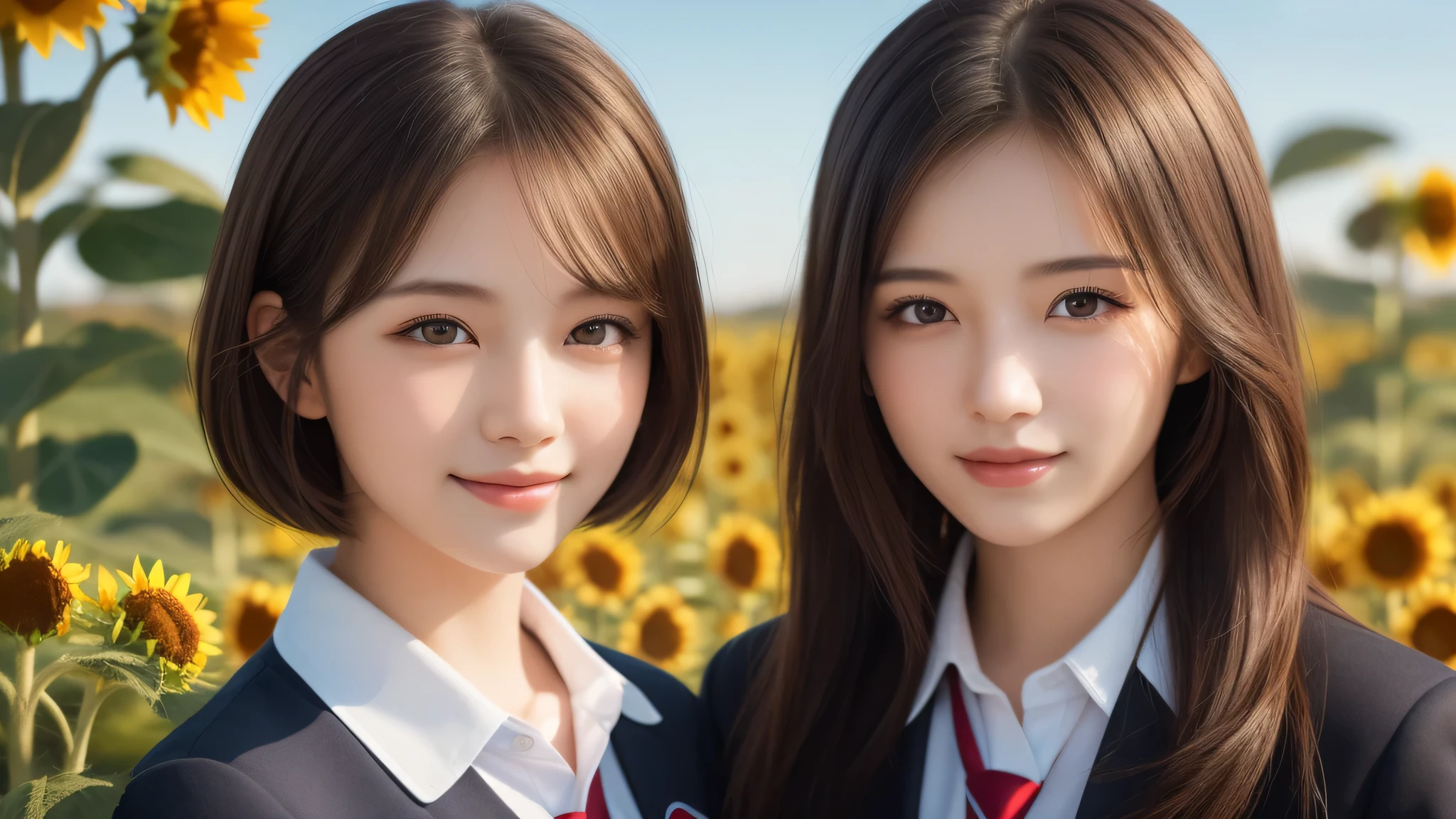 (2girl), bob hair, refreshing smiles, (high school uniform), (Best Quality:1.4), Realistic, extremely detailed CG unified 8k wallpaper, highly detailed, High-definition raw color photos, professional photography, Realistic portrait, Beautiful detailed, (Fine face:1.2), Close up portrait of girl, Outdoors, Beautiful scenery, clear skies, (sunflower:1.2)