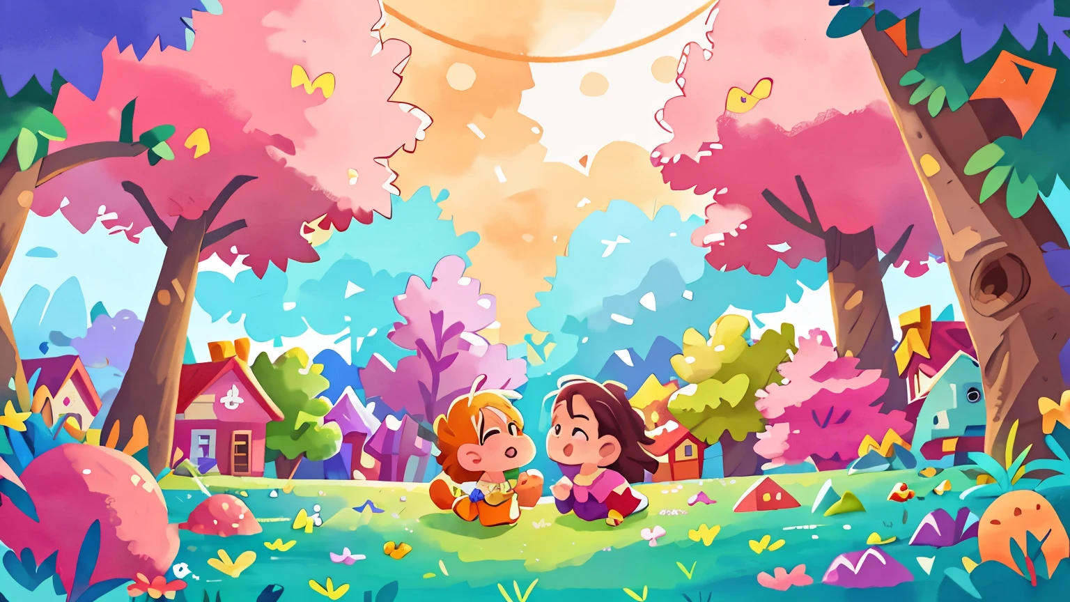 Create watercolor illustration of a colorful city whit colorful little houses, no trees , that looks like it came straight out of a dream. The planet is a true spectacle of lights and shapes , surreal features, dynamic colors. The skies are painted with stunning auroras that reflect the diverse emotions of the inhabitants, filling the atmosphere with waves of pinks, blues, greens, and purples. Above, a starry sky adds to the magical ambiance, with stars twinkling in harmony with the auroras. The entire scene should evoke a sense of wonder, joy, and fantastical beauty, perfect for a children's book.