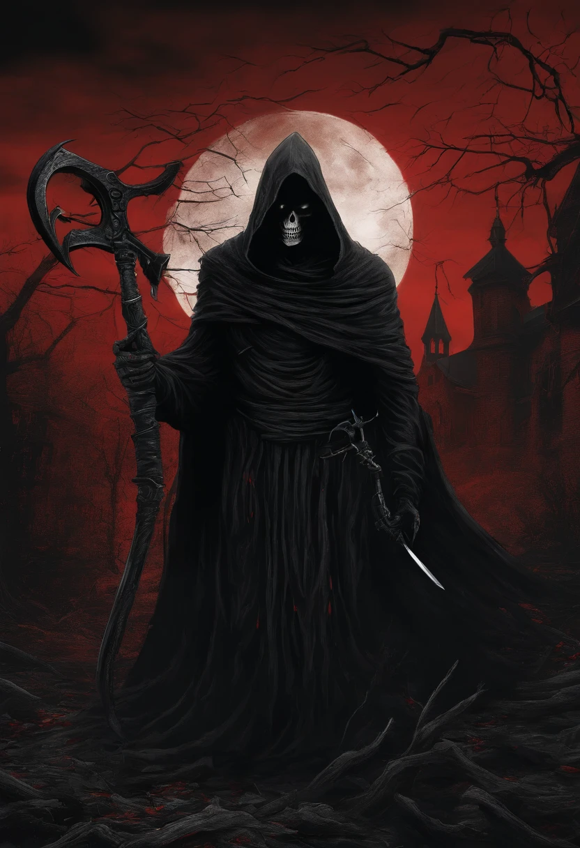 A grim reaper with the scythe, all in black and dark. In a scary place with the red eyes glowing