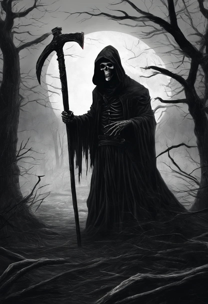 A grim reaper with the scythe, all in black and dark. In a scary place with the red eyes glowing