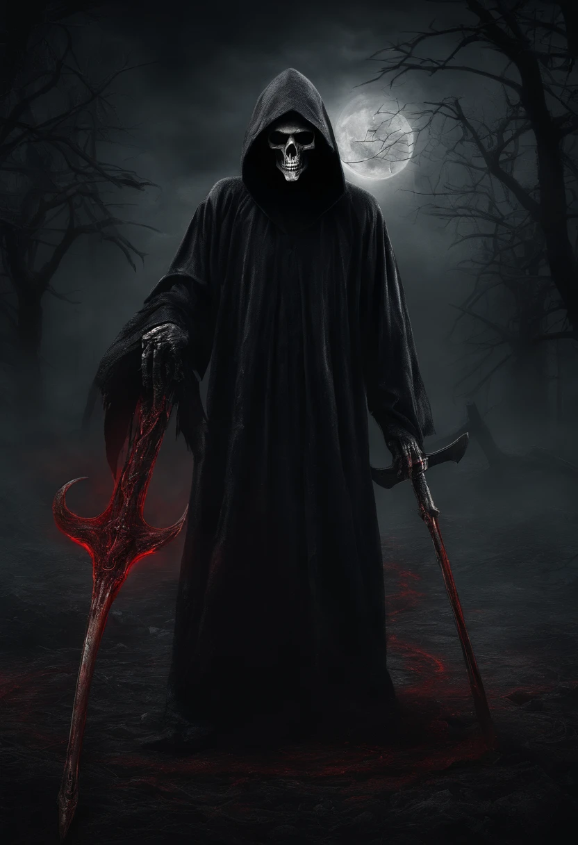 A grim reaper with the scythe,  all in black and dark. In a scary place with the red eyes glowing