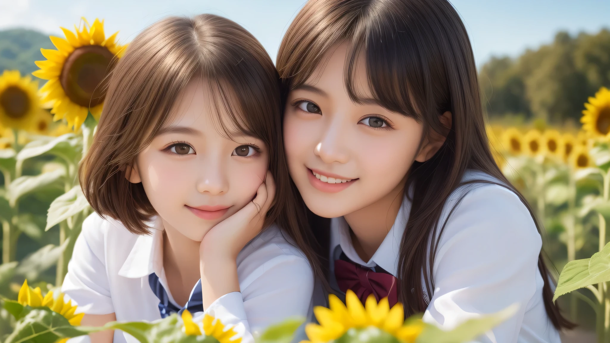 (2girl), bob hair, refreshing smiles, (high school uniform), (Best Quality:1.4), Realistic, extremely detailed CG unified 8k wallpaper, highly detailed, High-definition raw color photos, professional photography, Realistic portrait, Beautiful detailed, (Fine face:1.2), Close up portrait of girl, Outdoors, Beautiful scenery, clear skies, (sunflower:1.2)
