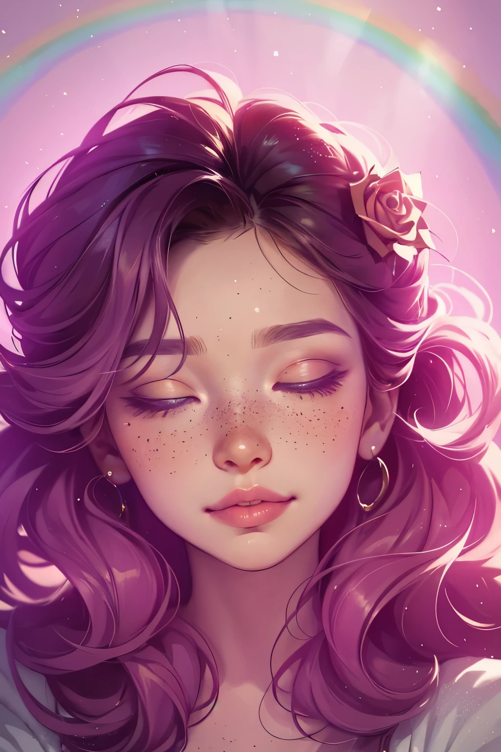 (This is a beautiful rainbow fantasy image that feels interesting and emphasizes glitter and iridescence.) Generate a ((blind)) curvy woman with colorful curly hair and milky white eyes. Her face is important and is perfectly formed with puffy lips and perfect features. (Her eyes are critically important and are (blank) and (solid white)). The image exudes ethereal beauty and soft fantasy. Include sweet and detailed birds and soft, luminous flowers in all the colors of the rainbow. The image's background is decorated in shades of pink, shimmer, glitter, and fantasy details like colored bubbles and cosmos. Utilize dynamic composition to create a compelling and action-packed image. Dramatic lighting and cinematic lighting enhance the woman's beauty and the soft colors in the artwork. (((((Perspective: head on.))))) Include fantasy, cute, colorful, colourful, interesting magic background, ((((blank eyes)))), ((((empty white eyes)))), (shirome eyes:1.3), (smirking), (perfectly rendered solid whiteeyes), ((birthmark on lip)), ((pretty lips)), beautiful background, complex background, sweet background, (((rainbow))), subtle freckles, natural freckles, Surround her with eternal roses in shimmering shades. Add whimsical details like stars, bubbles, and glitter for an enchanting touch. Ensure perfection in her face, hair, and eyes. Incorporate elements of high fantasy, whimsy, and detailed elegance. English rose, princess, courtesan, noblewoman, sweet, lovely, calm, lovely, shimmering, glimmering, glittering, astrological fantasy, (((masterpiece))), (highest quality), magic rose, fantasy garden, beautiful face, perfect face, puffy lips, interesting, shy smile, fantasy elements, magic rose, beautiful eyes, perfect puffy lips, jewel tones, luminosity