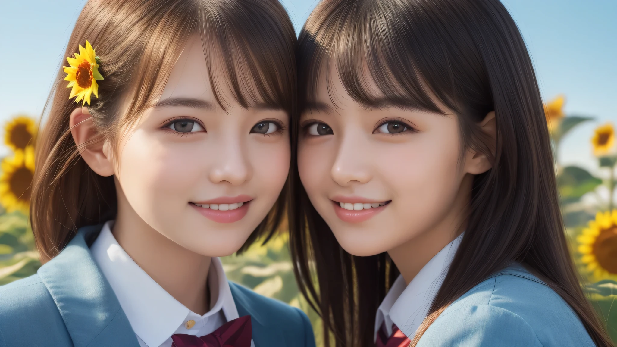 (2girl), bob hair, refreshing smiles, (high school uniform), (Best Quality:1.4), Realistic, extremely detailed CG unified 8k wallpaper, highly detailed, High-definition raw color photos, professional photography, Realistic portrait, Beautiful detailed, (Fine face:1.2), Close up portrait of girl, Outdoors, Beautiful scenery, clear skies, (sunflower:1.2)