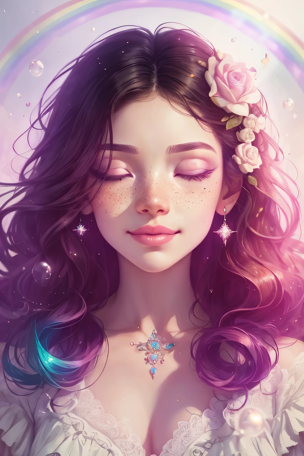 (This is a beautiful rainbow fantasy image that feels interesting and emphasizes glitter and iridescence.) Generate a ((blind)) curvy woman with colorful curly hair and milky white eyes. Her face is important and is perfectly formed with puffy lips and perfect features. (Her eyes are critically important and are (blank) and (solid white)). The image exudes ethereal beauty and soft fantasy. Include sweet and detailed birds and soft, luminous flowers in all the colors of the rainbow. The image's background is decorated in shades of pink, shimmer, glitter, and fantasy details like colored bubbles and cosmos. Utilize dynamic composition to create a compelling and action-packed image. Dramatic lighting and cinematic lighting enhance the woman's beauty and the soft colors in the artwork. (((((Perspective: head on.))))) Include fantasy, cute, colorful, colourful, interesting magic background, ((((blank eyes)))), ((((empty white eyes)))), (shirome eyes:1.3), (smirking), (perfectly rendered solid whiteeyes), ((birthmark on lip)), ((pretty lips)), beautiful background, complex background, sweet background, (((rainbow))), subtle freckles, natural freckles, Surround her with eternal roses in shimmering shades. Add whimsical details like stars, bubbles, and glitter for an enchanting touch. Ensure perfection in her face, hair, and eyes. Incorporate elements of high fantasy, whimsy, and detailed elegance. English rose, princess, courtesan, noblewoman, sweet, lovely, calm, lovely, shimmering, glimmering, glittering, astrological fantasy, (((masterpiece))), (highest quality), magic rose, fantasy garden, beautiful face, perfect face, puffy lips, interesting, shy smile, fantasy elements, magic rose, beautiful eyes, perfect puffy lips, jewel tones, luminosity