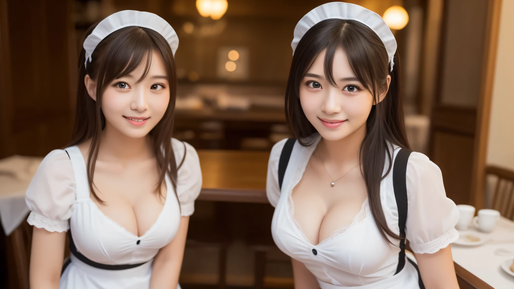 (2girl:1.3), (cute smile:1.2), (extremely detailed beautiful face), (highly detailed eyes, highly detailed face), (Maid cafe, maid cafe costume, mini skirt:1.2), Fresh, very clean appearance, (best Quality:1.4), (hyper-realistic, hight resolution), Professional Photography, standing, Indoor, (maid cafe), Close up portrait of girl, staring at me, cleavage, (Fine face:1.2),
