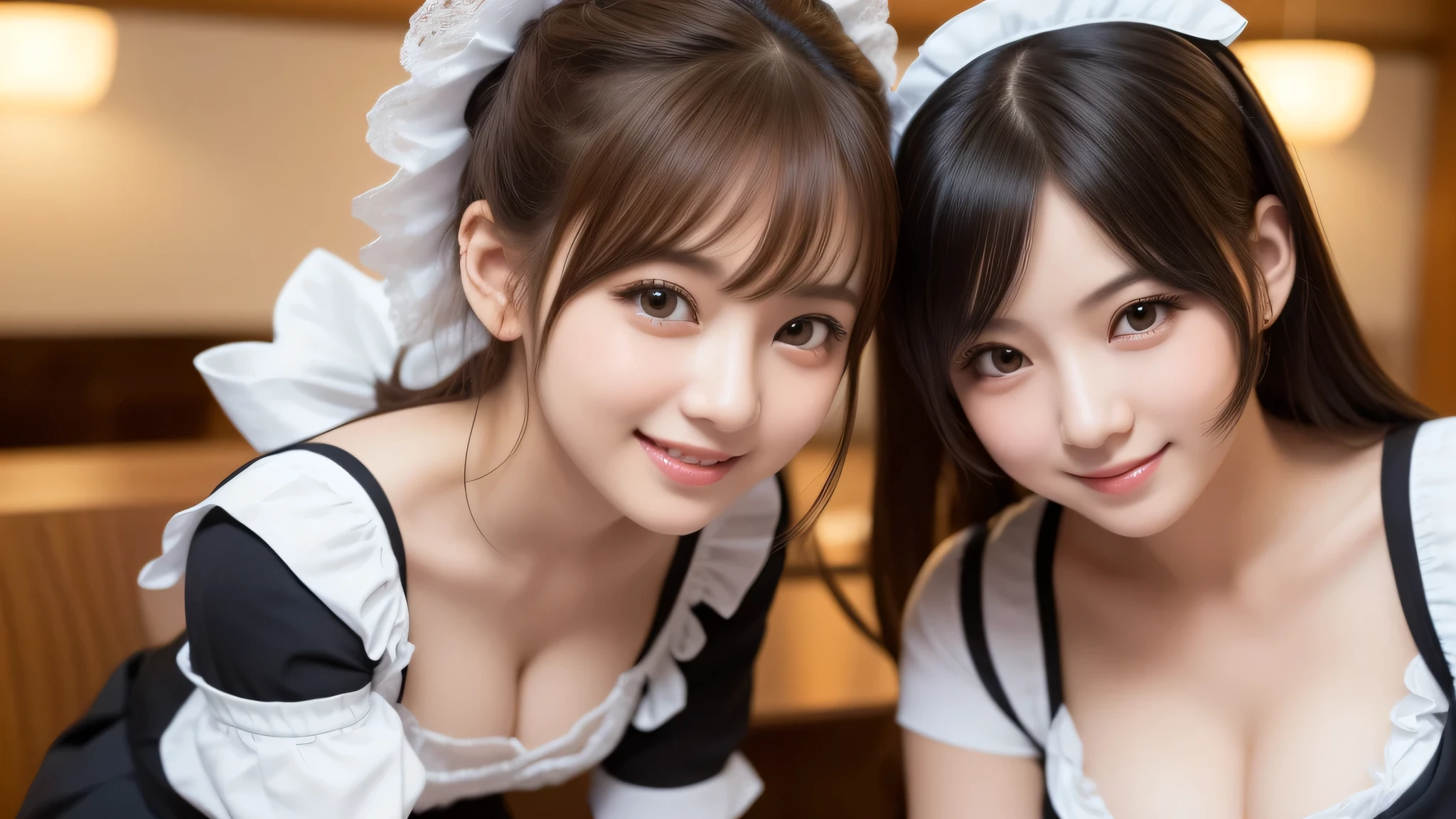 (2girl:1.3), (cute smile:1.2), (extremely detailed beautiful face), (highly detailed eyes, highly detailed face), (Maid cafe, maid cafe costume, mini skirt:1.2), Fresh, very clean appearance, (best Quality:1.4), (hyper-realistic, hight resolution), Professional Photography, standing, Indoor, (maid cafe), Close up portrait of girl, staring at me, cleavage, (Fine face:1.2), 
