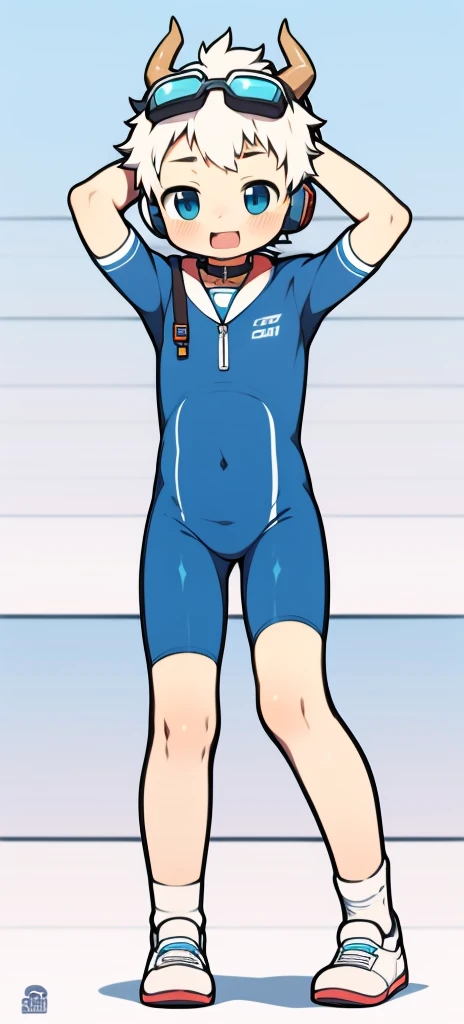 Second dimension boy teenager，One-piece mountaineering suit，horn，Cow ears，Put the headphones on your head，stand up，goggles，sports shoes，Slim，Sailor collar，White knee socks，Short sleeve shorts，Leg ring，cute，happy