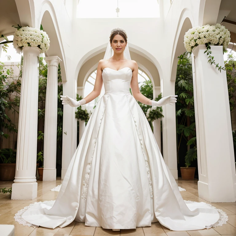 A 6-foot-tall woman in a white wedding dress, long white gloves, and a white garland is going to the wedding ceremony.