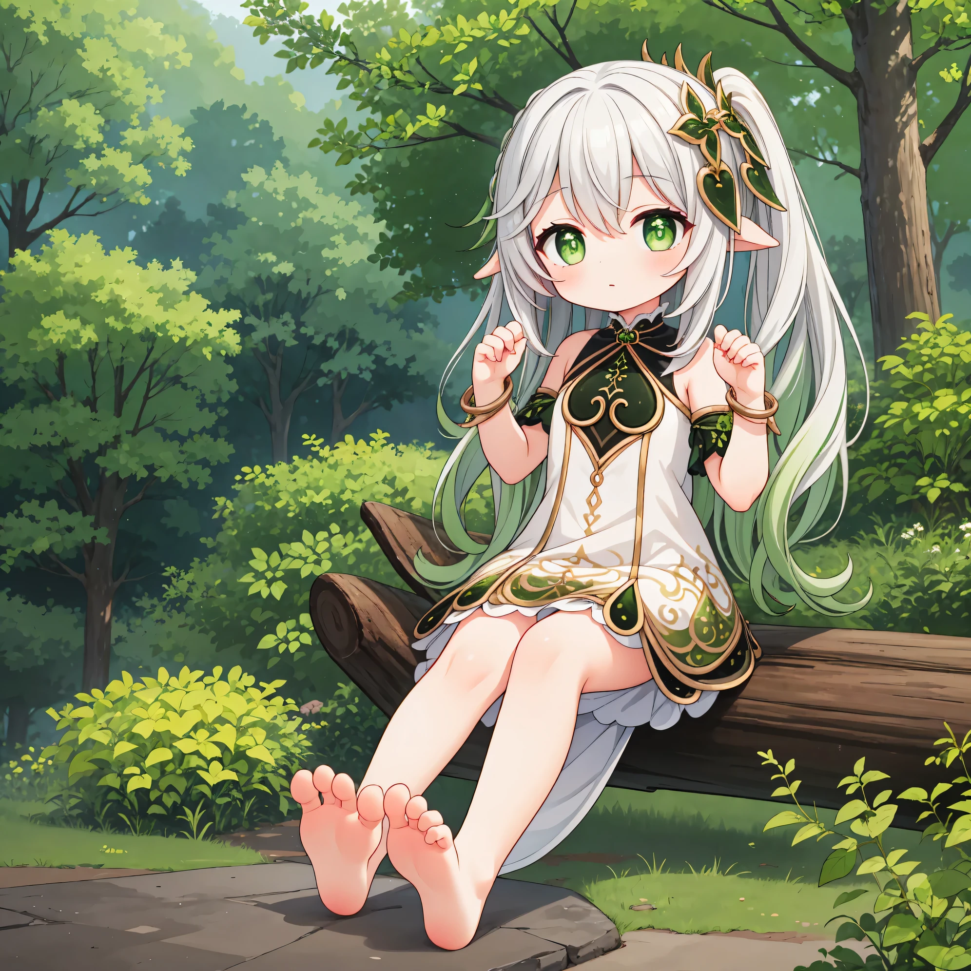 (High quality:1.2), (masterpiece:1.2), (very detailed:1.2), girl, flat brest, short silver hair, green eyes, (chibi:0.6), (standing split legs:1.4), in a forest, (sitting front:1.4), (barefoot:1.4), (detailed feet:1.3), (five fingers on each limb:1.6), (fingers without nails:1.2), (pussy without panties:1.3), (detailed hands:1.2), (show breasts:1.3), BREAK