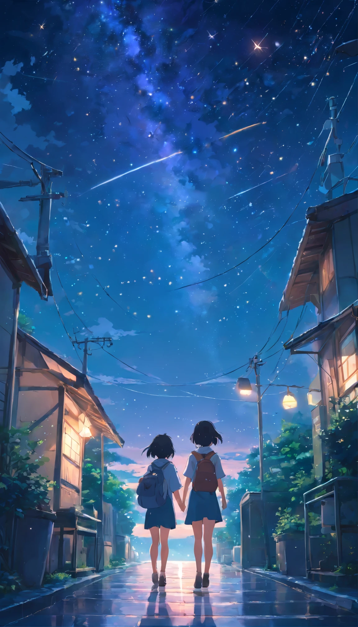 Ciel nocturne, starry sky, superior quality, masterpiece, Ultra haute résolution, Realistic, Totoro, Merveilleux ciel étoilé, Observation des étoiles, Grand angle, Dos de la jeune fille,

