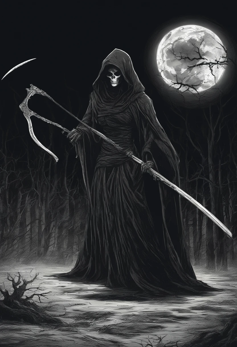 A female grim reaper with the scythe, all in black and dark. In a scary place with the red eyes glowing, a combination with horror and sexyposture..