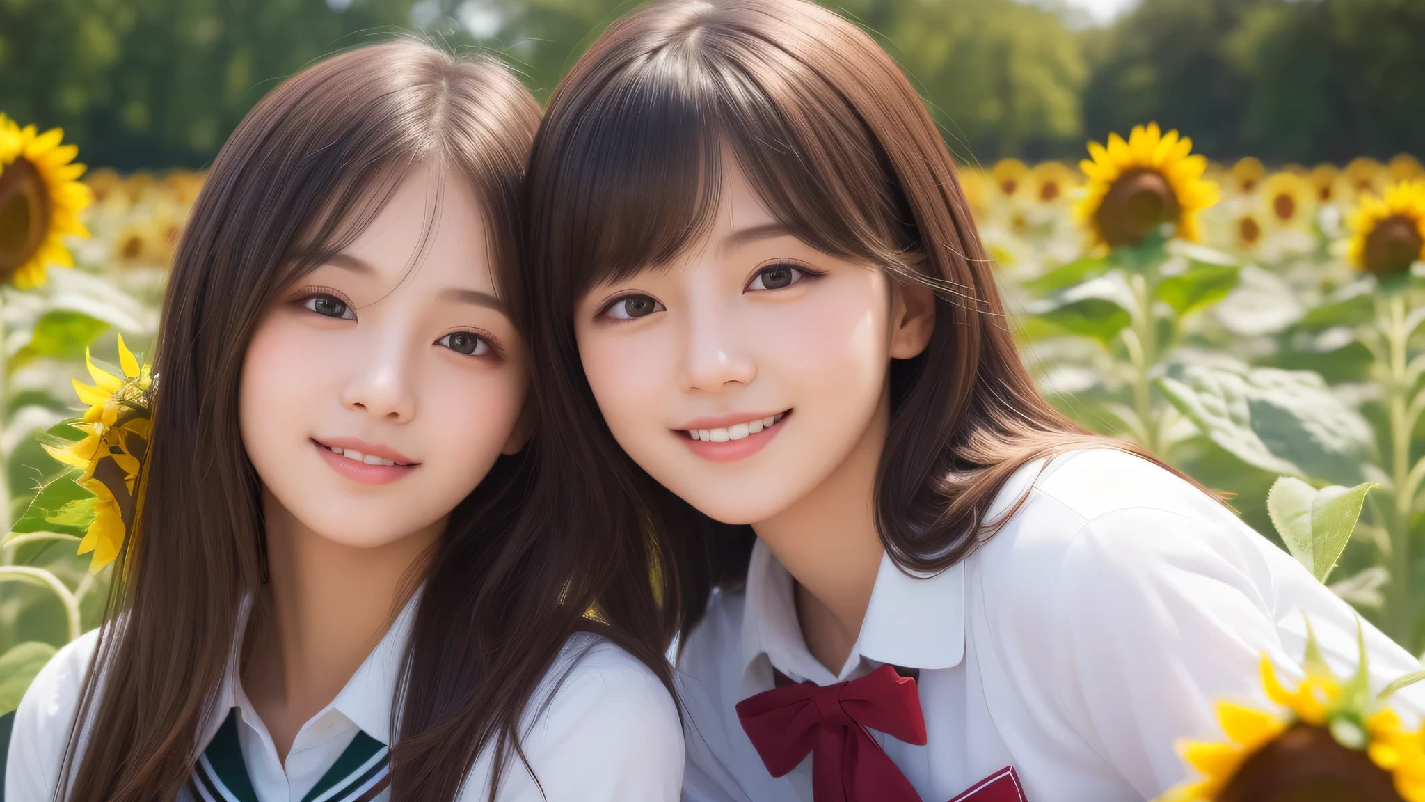 (2girl), bob hair, refreshing smiles, (high school uniform), (Best Quality:1.4), Realistic, extremely detailed CG unified 8k wallpaper, highly detailed, High-definition raw color photos, professional photography, Realistic portrait, Beautiful detailed, (Fine face:1.2), Close up portrait of girl, Outdoors, Beautiful scenery, clear skies, (sunflower:1.2)