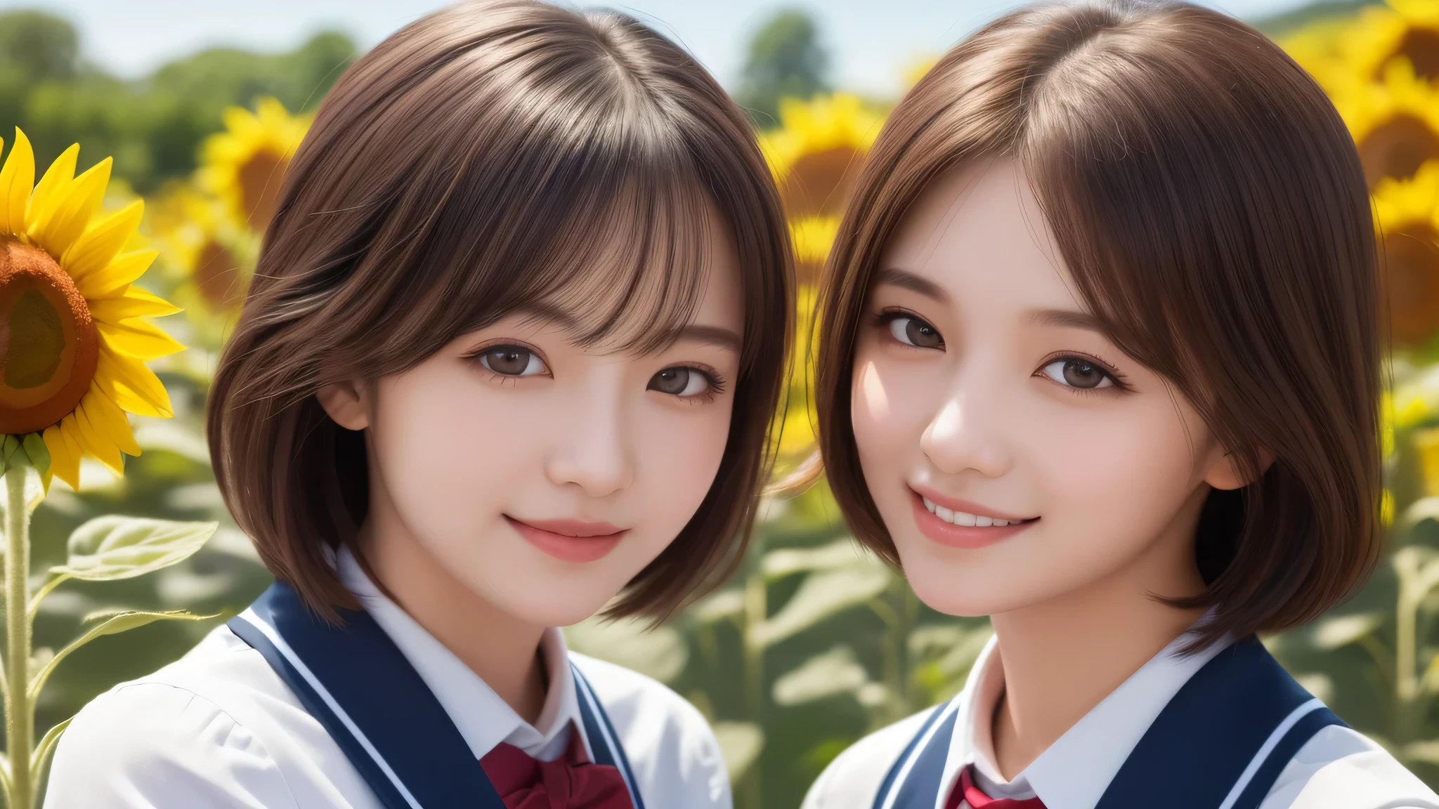 (2girl), bob hair, refreshing smiles, (high school uniform), (Best Quality:1.4), Realistic, extremely detailed CG unified 8k wallpaper, highly detailed, High-definition raw color photos, professional photography, Realistic portrait, Beautiful detailed, (Fine face:1.2), Close up portrait of girl, Outdoors, Beautiful scenery, clear skies, (sunflower:1.2)