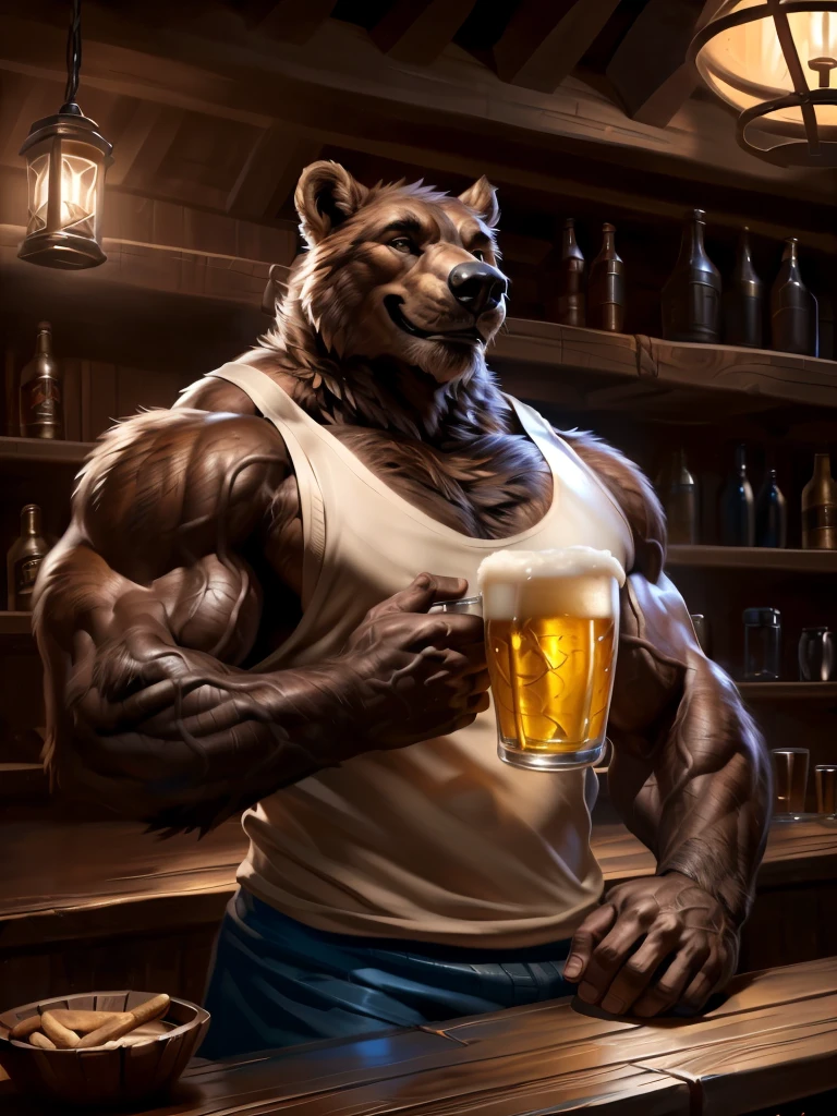 4k, high resolution, best quality, perfect colors, perfect shadows, perfect lighting, portrait, posted on e621, furry body, solo, anthro brown bear, (monotone brown fur, nails on hands, smiling:1.3), male, adult, (veiny biceps, strongman, brutal, manly, masculine:1.4) correct anatomy, (photorealistic detailed fur, epic, masterpiece:1.2), by Taran Fiddler, by Chunie, by Rukis, Bonifasko lighting), (inside a cozy wooden Medieval-style tavern, complex and detailed environment, wooden bar), (white tank-top:1.3), blue shorts, arms crossed, smile, (holding glass of beer)