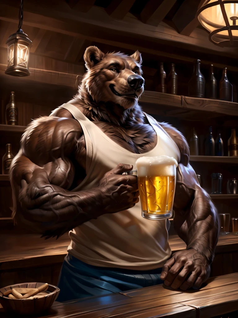 4k, high resolution, best quality, perfect colors, perfect shadows, perfect lighting, portrait, posted on e621, furry body, solo, anthro brown bear, (monotone brown fur, nails on hands, smiling:1.3), male, adult, (veiny biceps, strongman, brutal, manly, masculine:1.4) correct anatomy, (photorealistic detailed fur, epic, masterpiece:1.2), by Taran Fiddler, by Chunie, by Rukis, Bonifasko lighting), (inside a cozy wooden Medieval-style tavern, complex and detailed environment, wooden bar), (white tank-top:1.3), blue shorts, arms crossed, smile, (holding glass of beer)