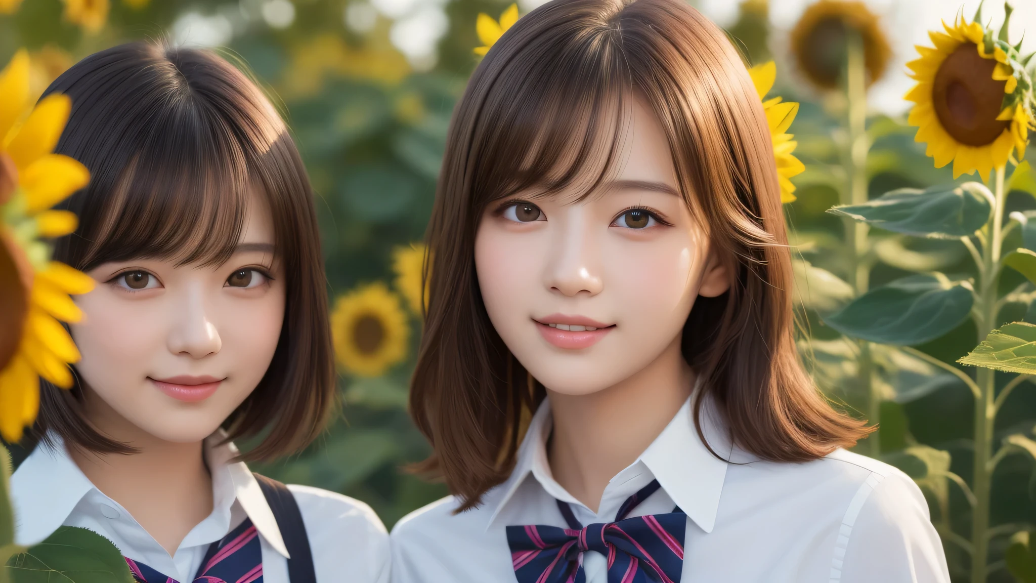 (2girl), bob hair, refreshing smiles, (high school uniform), (Best Quality:1.4), Realistic, extremely detailed CG unified 8k wallpaper, highly detailed, High-definition raw color photos, professional photography, Realistic portrait, Beautiful detailed, (Fine face:1.2), Close up portrait of girl, Outdoors, Beautiful scenery, clear skies, (sunflower:1.2)