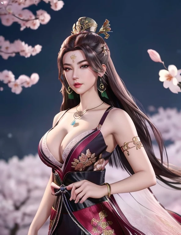 (,1 Girl, View,best quality, ) , (,1 Girl, Solitary, (((Large Breasts、Low-cut,Cleavage, Wide hips,)))(Long legs) (Wide hips), looking at the audience, Cherry blossoms,Peach Blossom, ) Ultra-realistic 8k CG, Flawless, Clean, masterpiece, Professional artwork, Famous Artworks, movie lighting, Bloom, Perfect face, Pretty Face, fantasy, dreamlike, illusory, Science fiction, Lace, Lace trim, Lace-trimmed legwear, Luxury, Jewelry, diamond, Kaneko, pearl, gem, 蓝gem, 红gem, emerald, Intricate details, Exquisite pattern, charming, Tempting, Tempting, , enchanting, Hair accessories, neckLace, earrings, bracelet, armband,Halo,autumn,