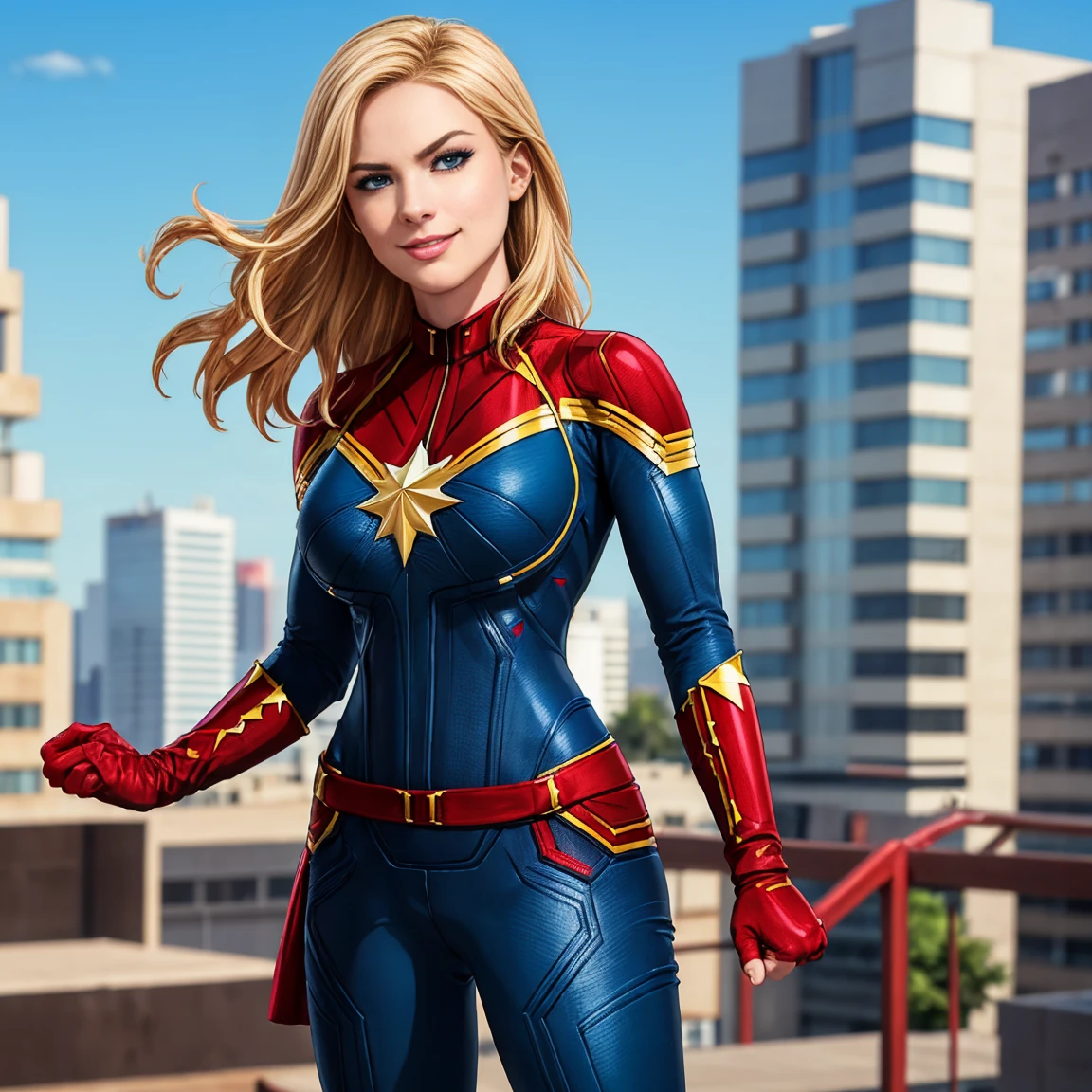 masterpiece, best quality, cptmarvel, bodysuit, red gloves, belt, large breasts, blue eyes, toned, smile, cowboy shot, looking at viewer, sky, cityscape, blue sky