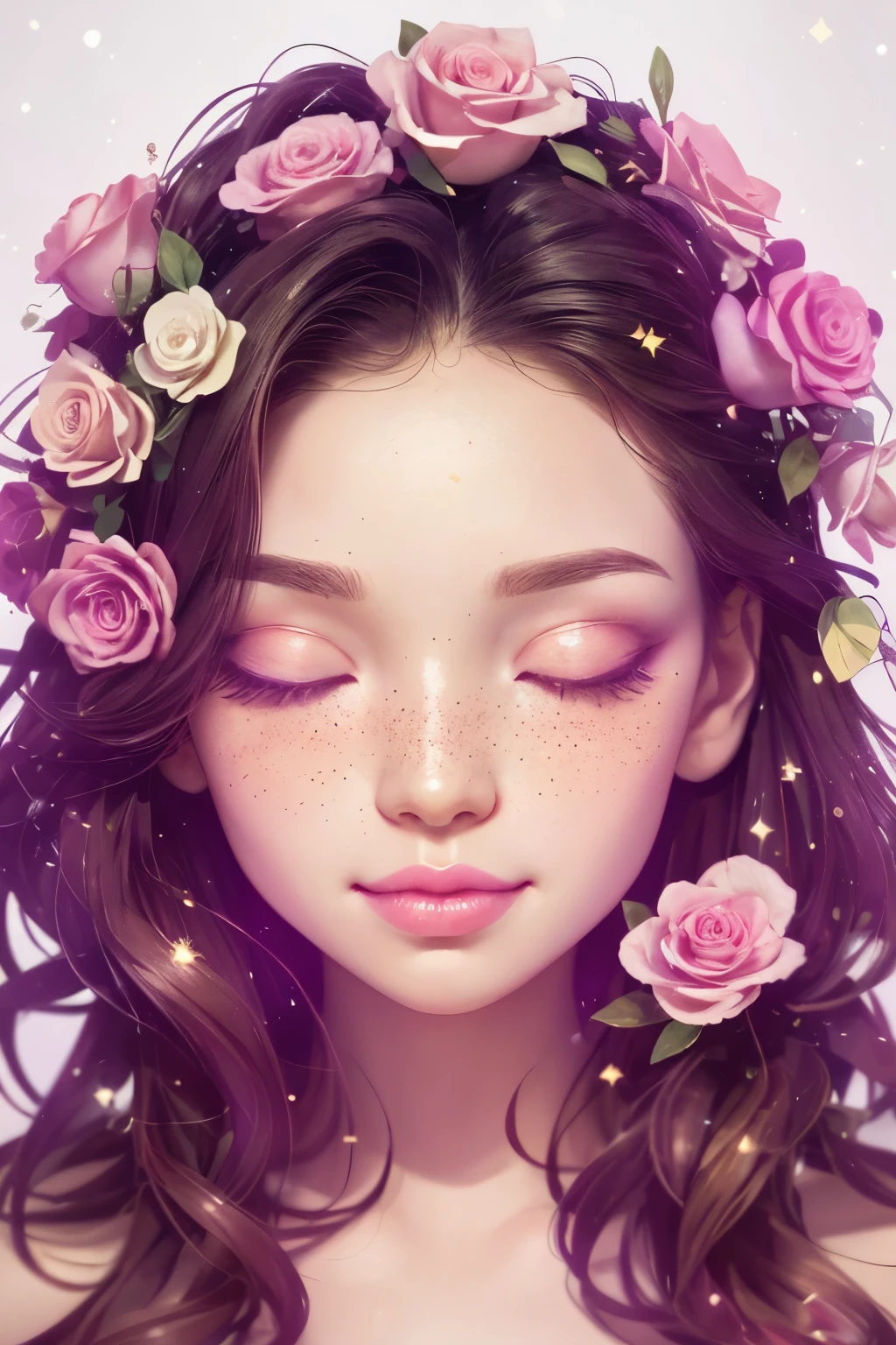 (This is a beautiful rainbow fantasy image that feels interesting and emphasizes glitter and iridescence.) Generate a ((blind)) curvy woman with colorful curly hair and milky white eyes. Her face is important and is perfectly formed with puffy lips and perfect features. (Her eyes are critically important and are (blank) and (solid white)). The image exudes ethereal beauty and soft fantasy. Include sweet and detailed birds and soft, luminous flowers in all the colors of the rainbow. The image's background is decorated in shades of pink, shimmer, glitter, and fantasy details like colored bubbles and cosmos. Utilize dynamic composition to create a compelling and action-packed image. Dramatic lighting and cinematic lighting enhance the woman's beauty and the soft colors in the artwork. (((((Perspective: head on.))))) Include fantasy, cute, colorful, colourful, interesting magic background, ((((blank eyes)))), ((((empty white eyes)))), (shirome eyes:1.3), (smirking), (perfectly rendered solid whiteeyes), ((birthmark on lip)), ((pretty lips)), beautiful background, complex background, sweet background, (((rainbow))), subtle freckles, natural freckles, Surround her with eternal roses in shimmering shades. Add whimsical details like stars, bubbles, and glitter for an enchanting touch. Ensure perfection in her face, hair, and eyes. Incorporate elements of high fantasy, whimsy, and detailed elegance. English rose, princess, courtesan, noblewoman, sweet, lovely, calm, lovely, shimmering, glimmering, glittering, astrological fantasy, (((masterpiece))), (highest quality), magic rose, fantasy garden, beautiful face, perfect face, puffy lips, interesting, shy smile, fantasy elements, magic rose, beautiful eyes, perfect puffy lips, jewel tones, luminosity