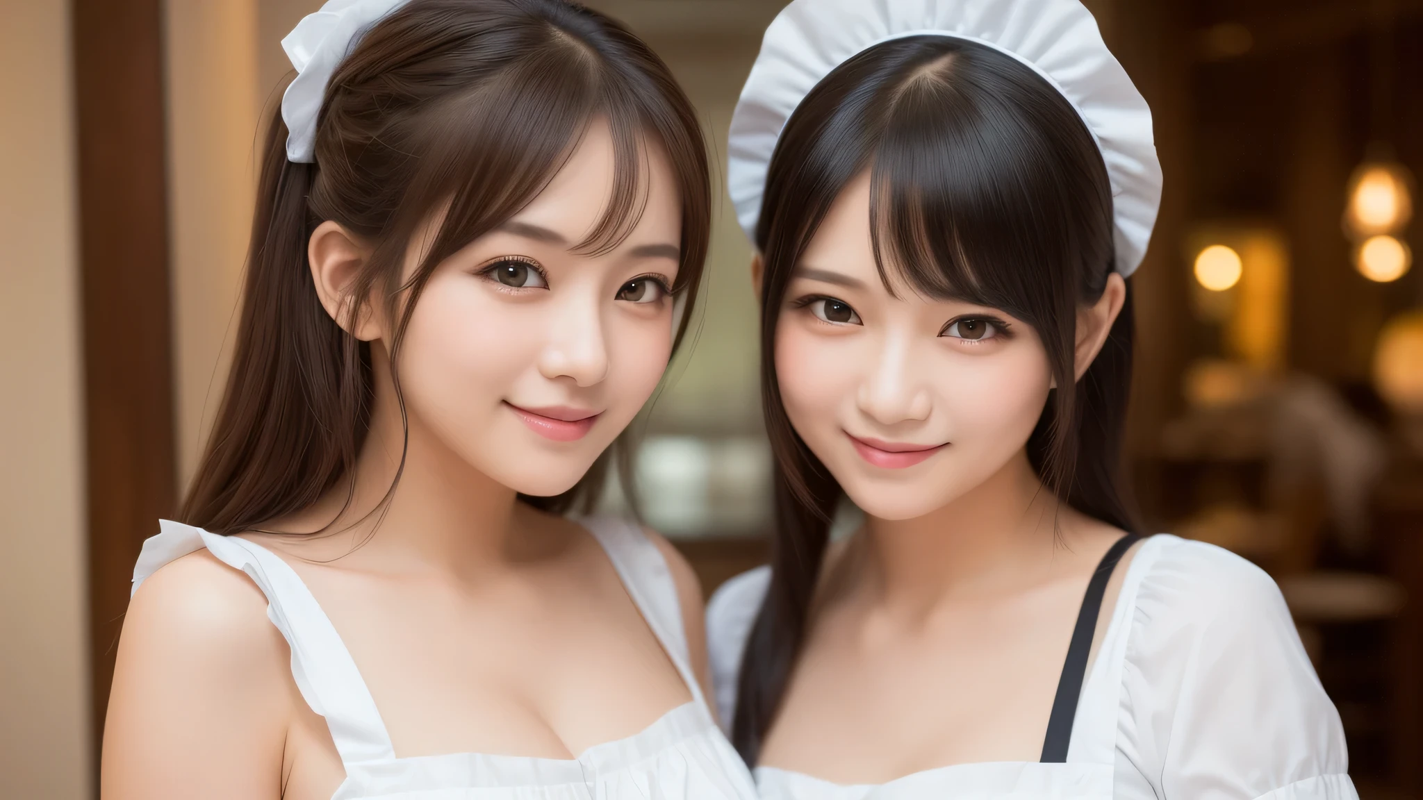 (2girl:1.3), (cute smile:1.2), (extremely detailed beautiful face), (highly detailed eyes, highly detailed face), (Maid cafe, maid cafe costume, mini skirt:1.2), Fresh, very clean appearance, (best Quality:1.4), (hyper-realistic, hight resolution), Professional Photography, standing, Indoor, (maid cafe), Close up portrait of girl, staring at me, cleavage, (Fine face:1.2), 