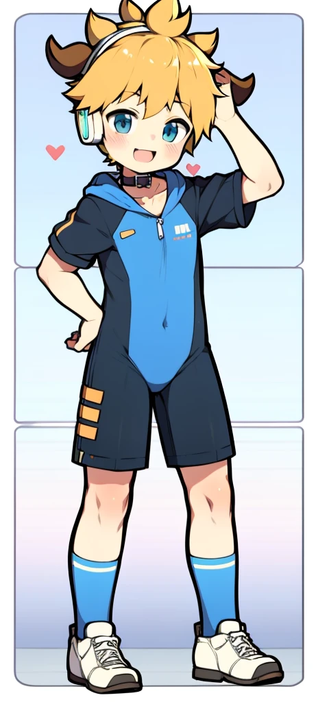 Second dimension boy ager,One-piece mountaineering suit,horn,Cow ears,Put the headphones on your head,stand up,goggles,sports shoes,Slim,Sailor collar,White knee socks,Short sleeve shorts,Leg ring,cute,happy