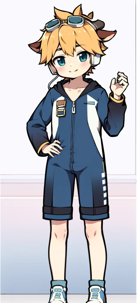 Second dimension boy teenager，One-piece mountaineering suit，horn，Cow ears，Put the headphones on your head，stand up，goggles，sports shoes，Slim，Sailor collar，White knee socks，Short sleeve shorts，Leg ring，cute，happy
