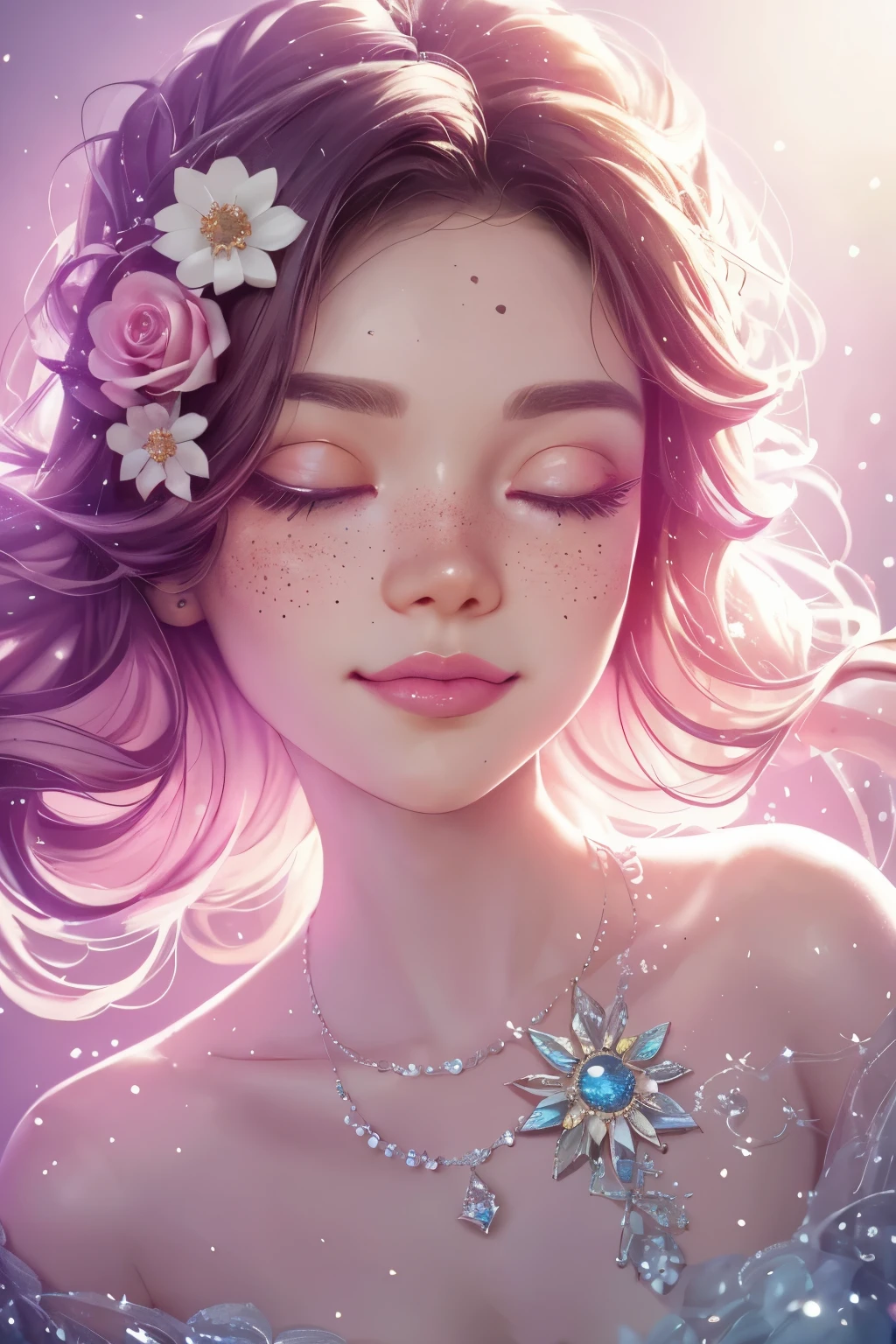 (This is a beautiful rainbow fantasy image that feels interesting and emphasizes glitter and iridescence.) Generate a ((blind)) curvy woman with colorful curly hair and milky white eyes. Her face is important and is perfectly formed with puffy lips and perfect features. (Her eyes are critically important and are (blank) and (solid white)). The image exudes ethereal beauty and soft fantasy. Include sweet and detailed birds and soft, luminous flowers in all the colors of the rainbow. The image's background is decorated in shades of pink, shimmer, glitter, and fantasy details like colored bubbles and cosmos. Utilize dynamic composition to create a compelling and action-packed image. Dramatic lighting and cinematic lighting enhance the woman's beauty and the soft colors in the artwork. (((((Perspective: head on.))))) Include fantasy, cute, colorful, colourful, interesting magic background, ((((blank eyes)))), ((((empty white eyes)))), (shirome eyes:1.3), (smirking), (perfectly rendered solid whiteeyes), ((birthmark on lip)), ((pretty lips)), beautiful background, complex background, sweet background, (((rainbow))), subtle freckles, natural freckles, Surround her with eternal roses in shimmering shades. Add whimsical details like stars, bubbles, and glitter for an enchanting touch. Ensure perfection in her face, hair, and eyes. Incorporate elements of high fantasy, whimsy, and detailed elegance. English rose, princess, courtesan, noblewoman, sweet, lovely, calm, lovely, shimmering, glimmering, glittering, astrological fantasy, (((masterpiece))), (highest quality), magic rose, fantasy garden, beautiful face, perfect face, puffy lips, interesting, shy smile, fantasy elements, magic rose, beautiful eyes, perfect puffy lips, jewel tones, luminosity