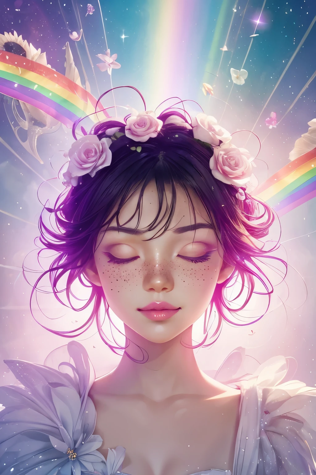 (This is a beautiful rainbow fantasy image that feels interesting and emphasizes glitter and iridescence.) Generate a ((blind)) curvy woman with colorful curly hair and milky white eyes. Her face is important and is perfectly formed with puffy lips and perfect features. (Her eyes are critically important and are (blank) and (solid white)). The image exudes ethereal beauty and soft fantasy. Include sweet and detailed birds and soft, luminous flowers in all the colors of the rainbow. The image's background is decorated in shades of pink, shimmer, glitter, and fantasy details like colored bubbles and cosmos. Utilize dynamic composition to create a compelling and action-packed image. Dramatic lighting and cinematic lighting enhance the woman's beauty and the soft colors in the artwork. (((((Perspective: head on.))))) Include fantasy, cute, colorful, colourful, interesting magic background, ((((blank eyes)))), ((((empty white eyes)))), (shirome eyes:1.3), (smirking), (perfectly rendered solid whiteeyes), ((birthmark on lip)), ((pretty lips)), beautiful background, complex background, sweet background, (((rainbow))), subtle freckles, natural freckles, Surround her with eternal roses in shimmering shades. Add whimsical details like stars, bubbles, and glitter for an enchanting touch. Ensure perfection in her face, hair, and eyes. Incorporate elements of high fantasy, whimsy, and detailed elegance. English rose, princess, courtesan, noblewoman, sweet, lovely, calm, lovely, shimmering, glimmering, glittering, astrological fantasy, (((masterpiece))), (highest quality), magic rose, fantasy garden, beautiful face, perfect face, puffy lips, interesting, shy smile, fantasy elements, magic rose, beautiful eyes, perfect puffy lips, jewel tones, luminosity