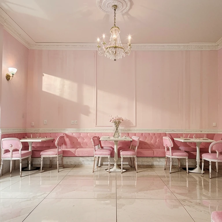 Image of the interior of a cozy taqueria with pastel pink walls and white details. Furnishings include white marble tables with pink velvet chairs. Chandeliers hang from the