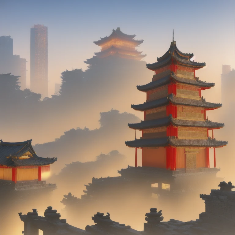 buildings in a city with a pagoda in the middle of the city, cyberpunk chinese ancient castle, stylized urban fantasy artwork, dreamy chinese town, concept art , highly rendered, game art matte painting, matte painting 4k 8k, cinematic. by leng jun, in a tropical and dystopic city, 8k matte painting, 8 k matte painting